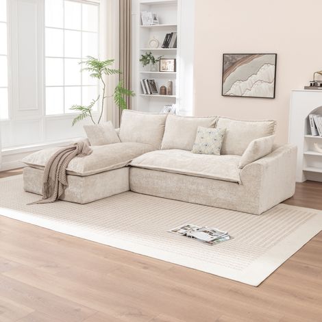 Divano angolare modulare a 3 posti con chaise longue, in ciniglia beige e imbottitura in schiuma, per soggiorno (1/5)