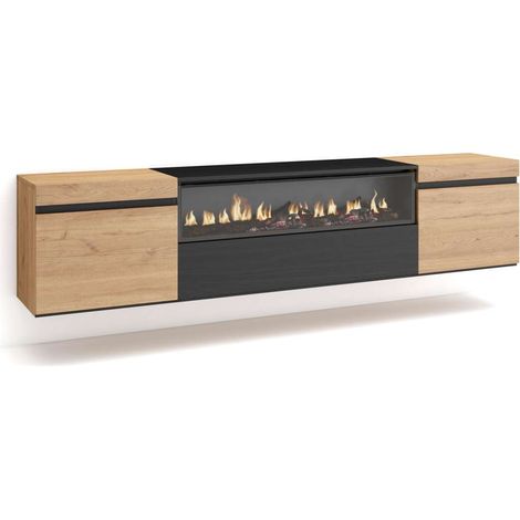 Mueble TV Adamuz de 200x45x35 cm con chimenea y luces LED, suspendido, color roble y negro (1/4)