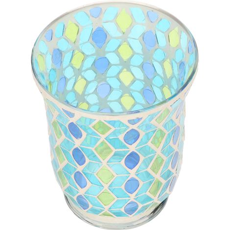 Bougeoir en verre mosaïque de feuilles de saule jaunes et bleues, fait main, lampe résistante au vent, décoration romantique pour la maison à la lueur des bougies. (1/5)
