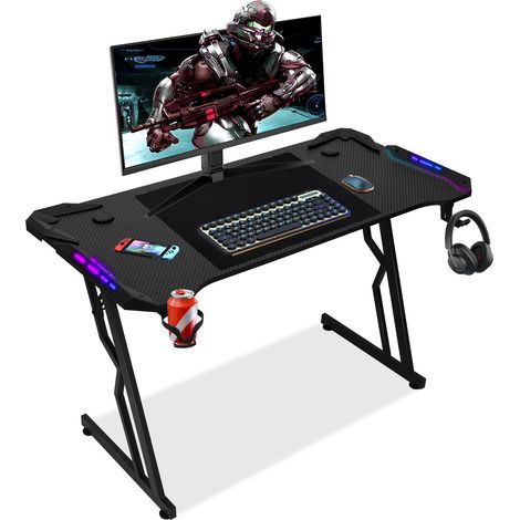 SWANEW Scrivania da gioco 120 x 60 cm, scrivania per gamer con piano in fibra di carbonio, tavolo da gioco ergonomico, nero