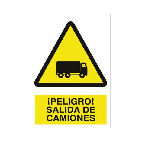 Señal advertencia ¡Peligro salida de camiones (texto y pictograma)                                                   Poliestireno       210X148 mm (1/2)