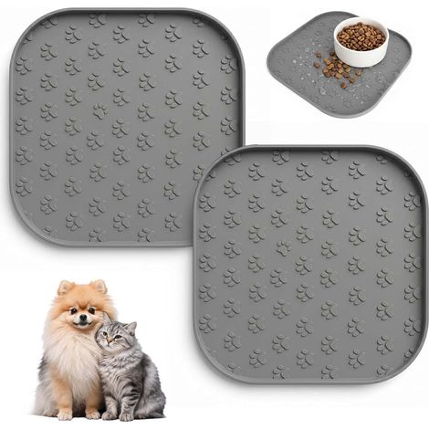 Lot de 2 tapis de gamelle carrés pour chien - 27 x 27 cm - Étanche et antidérapant - En silicone avec bord gris - Pour chats et petits chiens (1/5)
