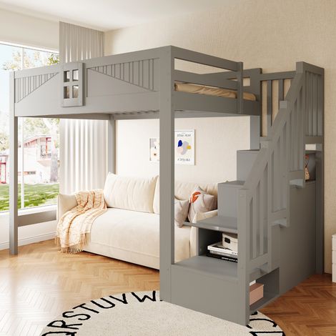 Lit mezzanine en bois massif 140 x 200 cm, avec grille de sécurité unique avec fenêtre, échelle de rangement réversible des deux côtés, lit multifonctionnel Gris (1/5)