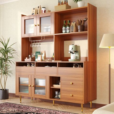 Buffet haut de restaurant (145 x 39 x 171 cm), design moderne et épuré, avec porte en verre Changhong, porte-verres à vin, rangement multicouche, aspect bois, décor doré, adapté aux restaurants (1/5)