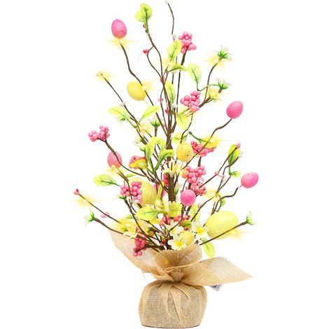 Décoration de sapin de Pâques avec lumières LED, centre de table en forme d'œuf de Pâques de 45 cm, base en toile de jute, plante artificielle pour la décoration de table de Pâques (Couleur 1) (1/5)