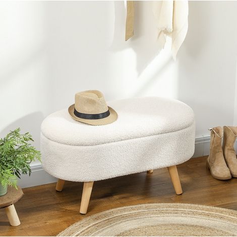 Banc coffre de rangement avec assise capitonnée et pieds en bois, ottoman gain de place pour entrée, salon ou chambre, blanc, style moderne - CHICFURN (1/5)