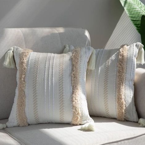 Housse de coussin bohème, lot de 1, taie d'oreiller décorative douce 45 x 45 cm avec pompon touffeté (beige) (1/4)