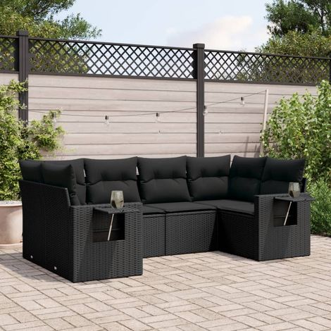 6-tlg. Garten-Sofagarnitur mit Kissen Schwarz Poly Rattan (1/3)