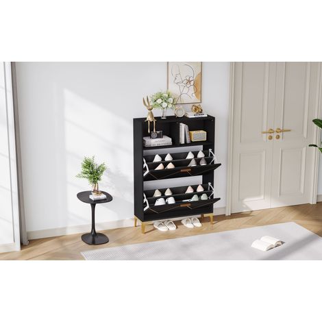 Armoire à chaussures avec 4 portes coulissantes en bas. Armoire pour les chaussures dans le couloir, dotée de 8 compartiments pour les chaussures. Armoire dotant de 4 surfaces de rangement semi-ouvert (1/5)
