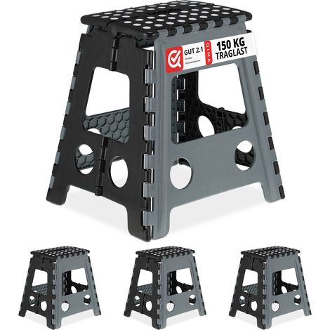 4x Sgabello Pieghevole XL, Sgabellino con Gradino e Manico fino a 120 kg, Plastica, 39,5 x 38,5 x 32 cm, Grigio Nero (1/5)