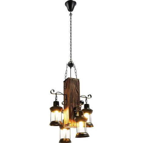 HAUTOUR Luminaire Suspendu Rustique Vintage - Rétro Bois Métal Suspension Lampe - Chaîne Réglable 50cm - Industrielle Lampe Suspendue Salle À Manger Plafonnier Bar Salon Lustre, 4E27 (non incluses) (1/5)