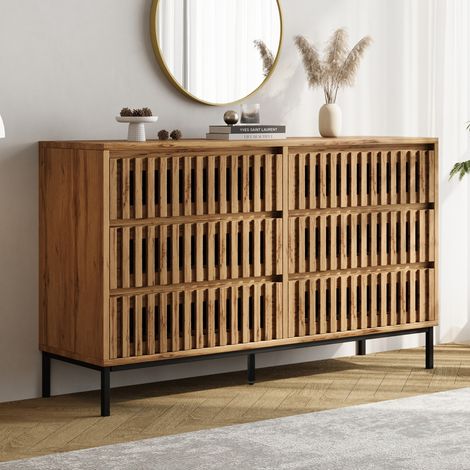 Buffet 120x40x81 cm en MDF et panneau de particules, naturel, 6 tiroirs, pour petit espace – MEUBLIV (1/5)