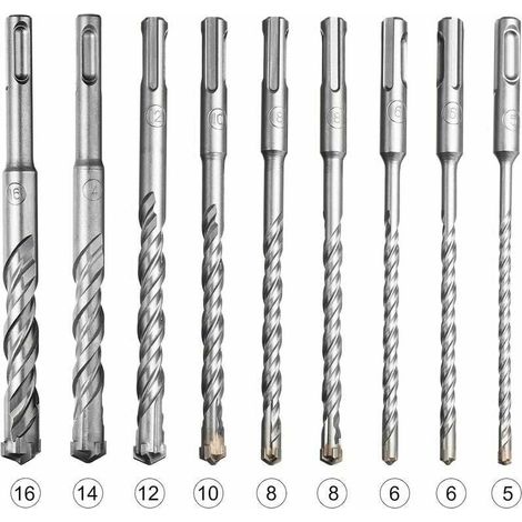 Coffret de mches et burins pour un perforateur,Lot de 9 forets SDS-Plus pour perceuse percussion lectrique pour percer la pierre, le bton, les murs de brique, les carreaux de cramique (1/4)