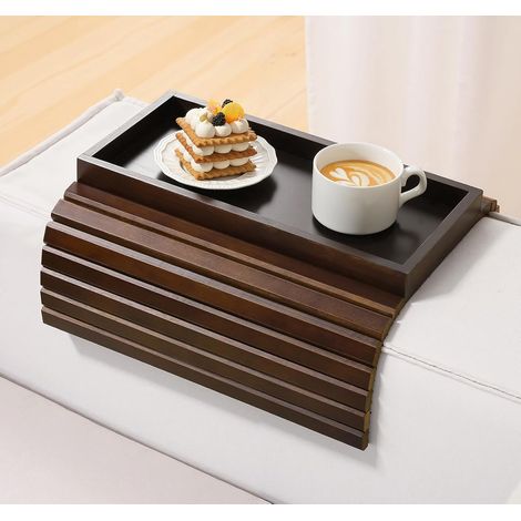 Sofatablett – Klappbare Bambus-Armlehne – Mit Getränkehalter – Für Snacks, Handy, Becher – Braun