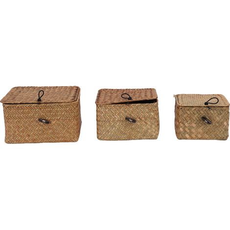 Set aus 3 handgewebten Aufbewahrungsboxen mit Deckel, ideal zur Aufbewahrung von Schreibwaren, Snacks und Schmuck. Maße: 14 x 14 x 9 cm, 17 x 17 x 10 cm und 20 x 20 x 12 cm. (1/5)