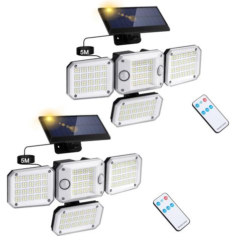 Lampe Solaire Exterieur avec Détecteur de Mouvement: 296 LED Lumiere Solaire Exterieure 3500LM 7000K 3 Modes D'éclairage IP65 étanche Eclairage Projecteur Solaire Exterieur Jardin Garage Paquet de 2 (1/5)
