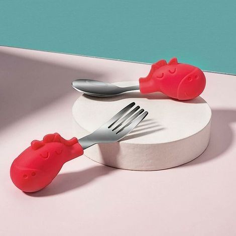 Couverts Enfant de Fourchette et Cuillre en Acier Inoxydable Poigne en Silicone Animaux de Dessin Anim couleurs multiples YYV (1/4)