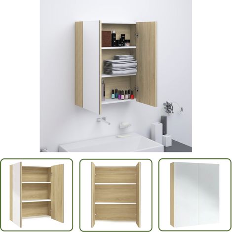 The Living Store Bad-Spiegelschrank 60x15x75 cm MDF Weiß und Eiche-Optik - Badezimmerspiegel - Spiegelschrank - Badmöbel - Aufbewahrung Im Badezimmer - Kosmetikspiegel (1/5)
