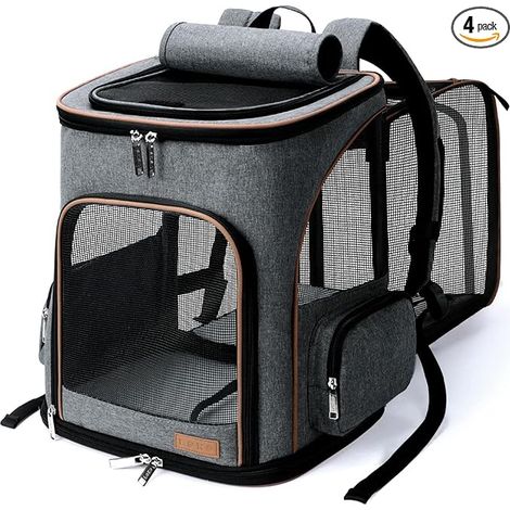 Sac à dos, extensible, chat et petit chien, avec laisse de sécurité intérieure et tapis pour animaux de compagnie, gris (1/5)