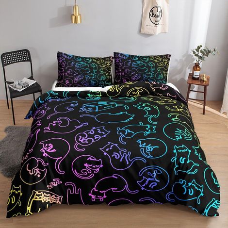 Bettwäsche-Set mit Katzenmotiv, fluoreszierend, 155x220cm, 2x 80x80cm