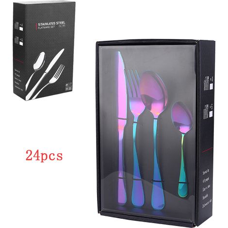 (Ensemble de 24 pièces - couleurs arc-en-ciel) Ensemble de couverts en acier inoxydable, couverts de style occidental, couteaux, fourchettes et cuillères