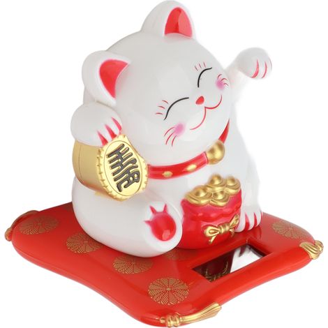 Chat Solaire Mignon Porte-Bonheur avec Bras Mobile pour Maison Bureau Voiture Blanc (1/5)