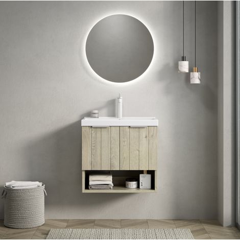 Mobile lavabo sospeso in multistrato e ceramica bianco/off white con 2 ante e ripiano aperto (1/5)