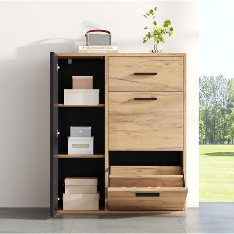Schuhschrank 80x24x95.5 cm Naturfarben+Schwarz aus Spanplatte mit verstellbaren Regalen und Kippsicherung (1/5)