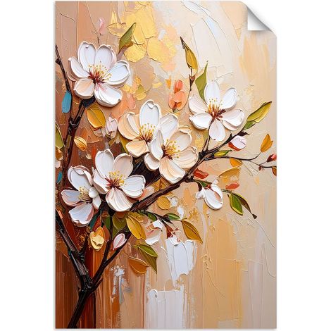 Selbstklebendes Poster – Wandsticker Weiße Blumen mit Farbeffekt auf Ästen 30x45 cm (1/3)