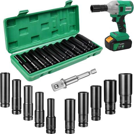 11 Pièces Douilles à Choc 1/2", 10-24mm Douilles à Percussion Coffret Douille Longue Douille Cle a Choc et Adaptateurs 3/8" à 1/2" avec Coffret en Plastique pour Réparation de Voiture (1/5)
