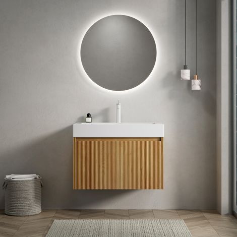 Pour la salle de bain, rangement élégant avec meuble vasque suspendu 70 cm, façade texturée et tiroir LED (1/5)