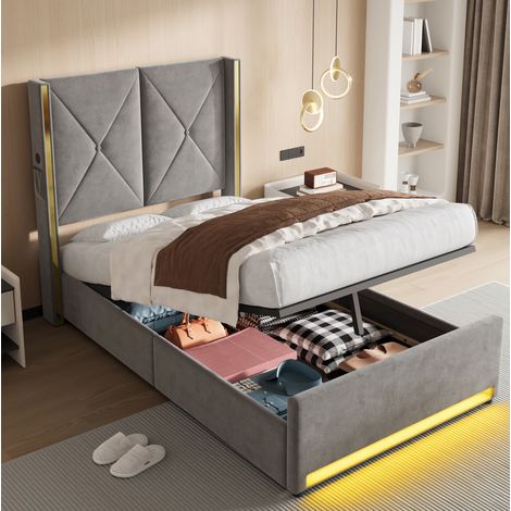 Letto imbottito moderno in velluto grigio scuro 90x200 cm con testiera alta trapuntata, USB/Type-C, LED e vano contenitore