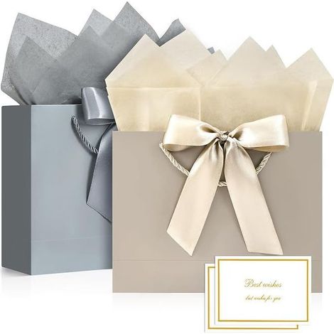 Sacs cadeaux, sacs cadeaux moyens pour présents avec ruban noeud, sacs de fête avec poignées, 8 papiers de soie et 4 cartes pour mariages, anniversaires, fêtes, célébrations, Noël (marron-argent 4 piè (1/4)