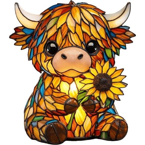 Getönte Nachttischlampe aus Kunstharz mit Motiven einer niedlichen Kuh und einer niedlichen Sonnenblume, ideal zur Dekoration von Schlafzimmer, Wohnzimmer oder Wohnung.