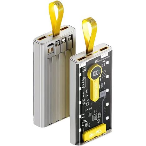 Mecha transparent, banque d'alimentation de grande capacité de 30 000 mAh, 4 câbles intégrés, équipé d'une veilleuse et d'un affichage numérique (1/5)