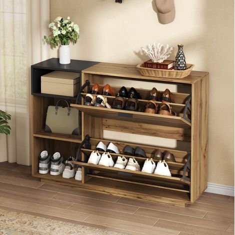 Meuble à chaussures 120x32x84,5 cm avec 3 niches ouvertes et 2 abattants, MDF coloris naturel et noir (1/5)