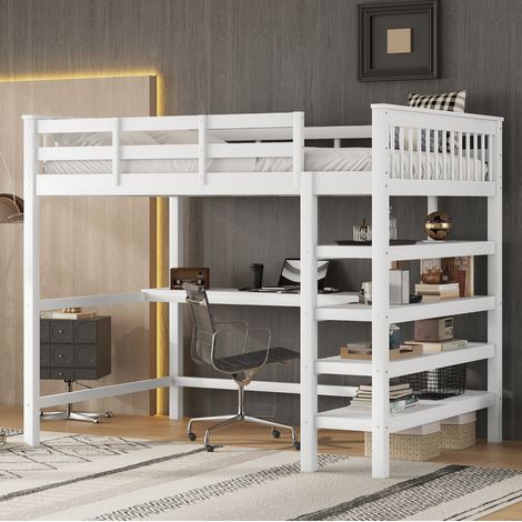 Lit mezzanine minimaliste 140x200 cm en pin et MDF blanc, avec bureau et étagères intégrés (1/5)