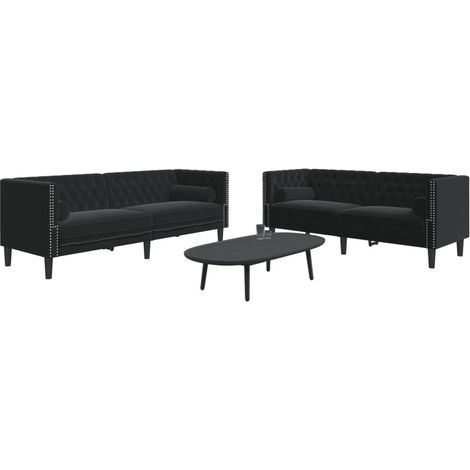2-tlg. Chesterfield-Sofa-Set mit Nackenrollen Schwarz Samt