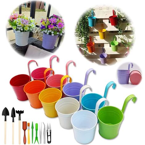 Ensemble de 10 Pots de Fleurs en Métal Vase Suspendu Panier à Planter avec des Outils de Jardin, Crochet Détachable, sans Trou de Drainage, Clôture de Jardin Balcon Décoration (1/5)