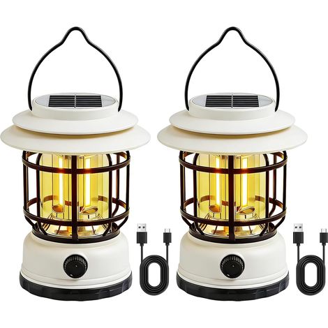 2PCS Solar Camping Lamp, Dimmable LED Camping Lantern, Rechargeable Solar and USB Camping Lantern, IPX4 Waterproof Outdoor Solar Garden Lamp for Fishing, Rescue, Excursions (White)