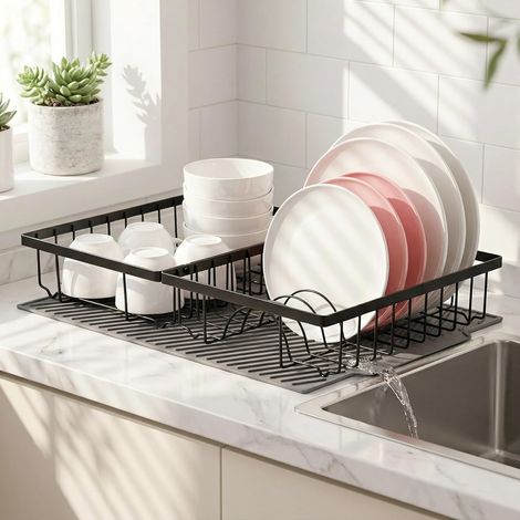 Égouttoir à vaisselle modulaire avec tapis en silicone, 2 pièces extensibles en métal pour comptoir de cuisine, organisateur d'assiettes antirouille et petit égouttoir avec bec de drainage (1/5)