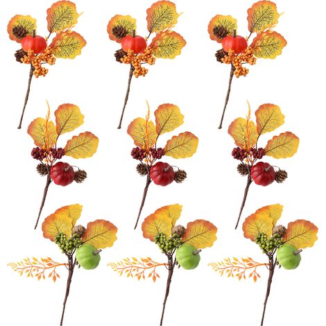 Bouquet d'érable artificiel 9 pièces - Lot de branches automnales jaunes, rouges et vertes avec citrouilles et baies pour décoration Halloween (1/5)