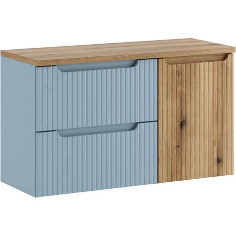 Conjunto VANO azul denim y roble claro 100cm: muebles bajo lavabo con cajones y cesto para la ropa integrado + encimera para lavabo