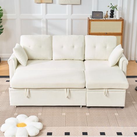 Sofá esquinero convertible con almacenaje, chenilla beige, reversible, 206 x 130 x 85 cm (1/5)
