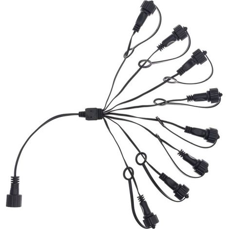 Prise 8 sorties noir pour guirlande Smart Connect – Connecteur 8 voies CON8-2P – IP44 pour utilisation extérieure – Câble noir 15+8x15cm