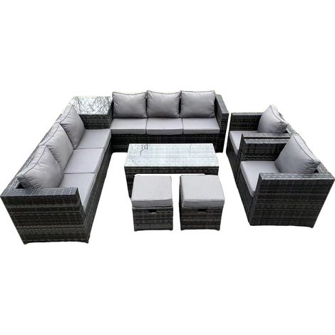 Fimous 10-Sitzer Rattan Ecksofa Set mit quadratischem Beistelltisch und länglichem rechteckigem Couch Tee Tisch 2-teiliger Armstuhl 2-Hocker Dunkelgrau gemischt (1/5)