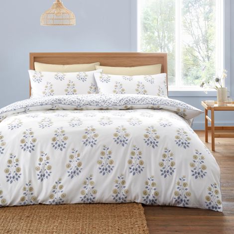 Parure de lit réversible en Satin de Coton 230 Fils avec Housse de Couette et taies d'oreiller pour lit Double Blanc/Bleu (1/5)