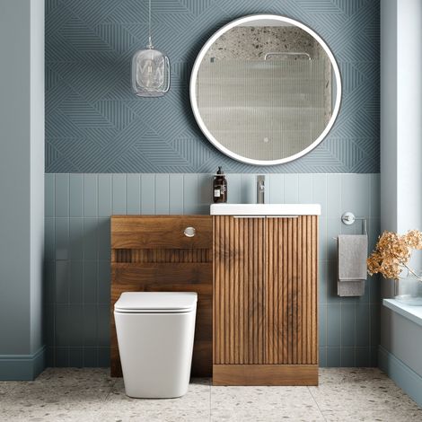 1000mm Fluted Bathroom Vanity Unit Set and Provence Back-to-Wall Toilet Walnut (1/4)