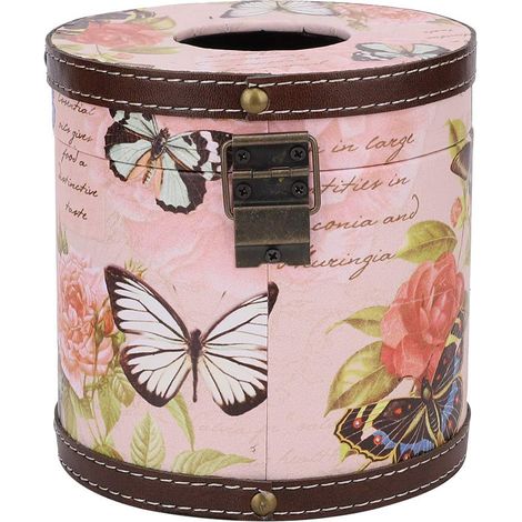 Boîte à mouchoirs Vintage Boîte à mouchoirs en Bois en Cuir Motif Vintage Boîte de Rangement de mouchoirs Boîte à mouchoirs Ronde en Bois Couvercle Distributeur de Serviettes hygiéniques Décor