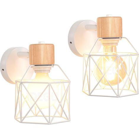 Lot de 2 Appliques Murales Industrielles Design Cage en Métal Lampe Murale Bois Décoration Ajustable Vintage Luminaire Interieur pour Chambre Couloir Salon, 15CM (Blanc) (1/5)